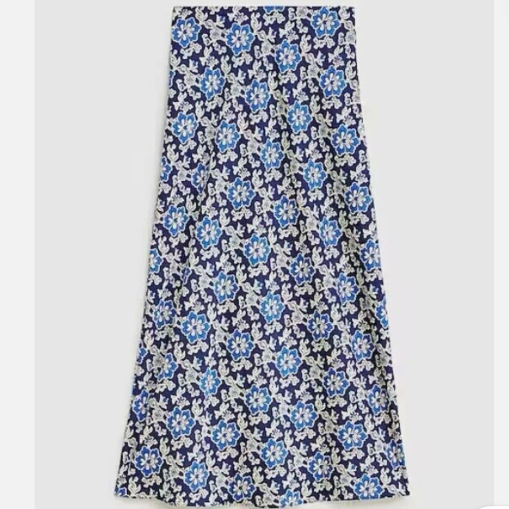 J. Crew Midi Slip Gwyneth Skirt Blue Floral A-line Elastic Waist